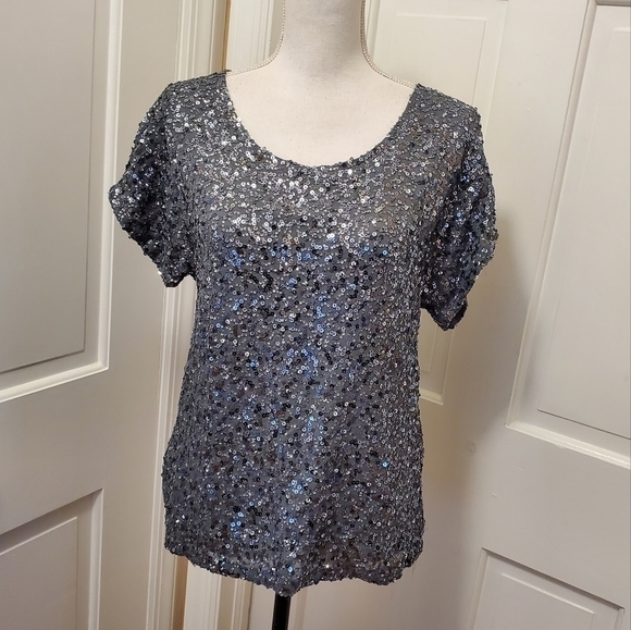 NWT Michael Michael Kors GunMetal Metallic Sequin-Chiffon Top size XS $225 - Picture 1 of 10